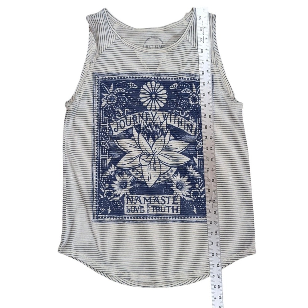 Lucky Brand Tank Top Womens S White Blue Striped Namaste Lotus Graphic Boho Chic - Picture 7 of 9